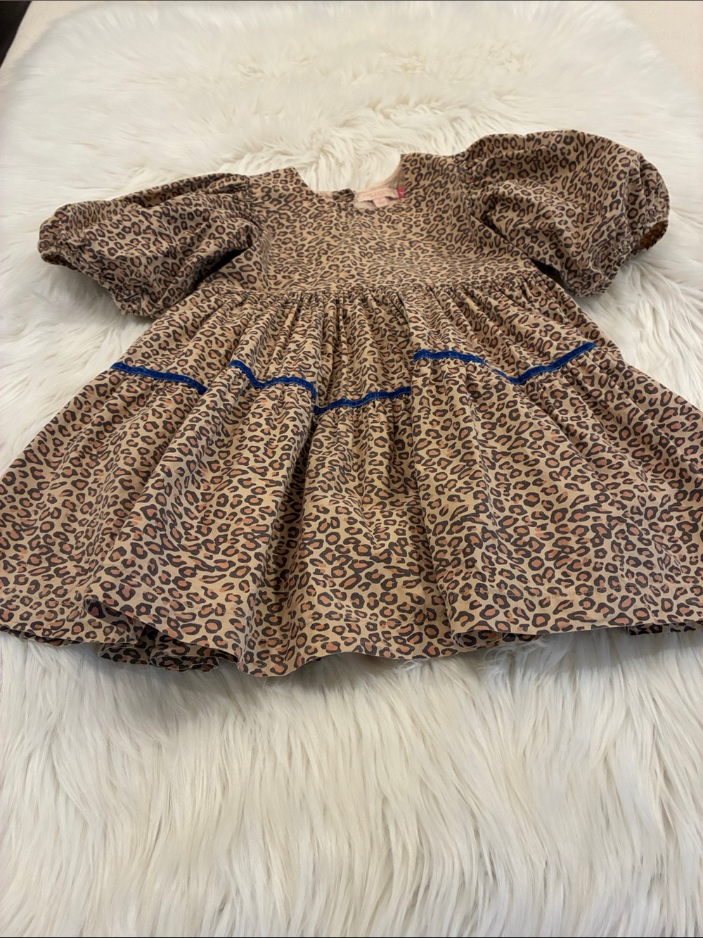 Pink Chicken Girls Leopard Print Puff Sleeve Dress with Blue Trim